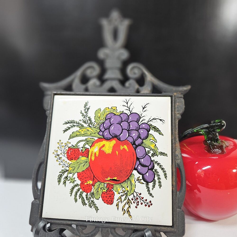 Vtg Kitchen Cast Black Iron Ceramic Tile Trivet Grapes Apple Rasberries Made KK